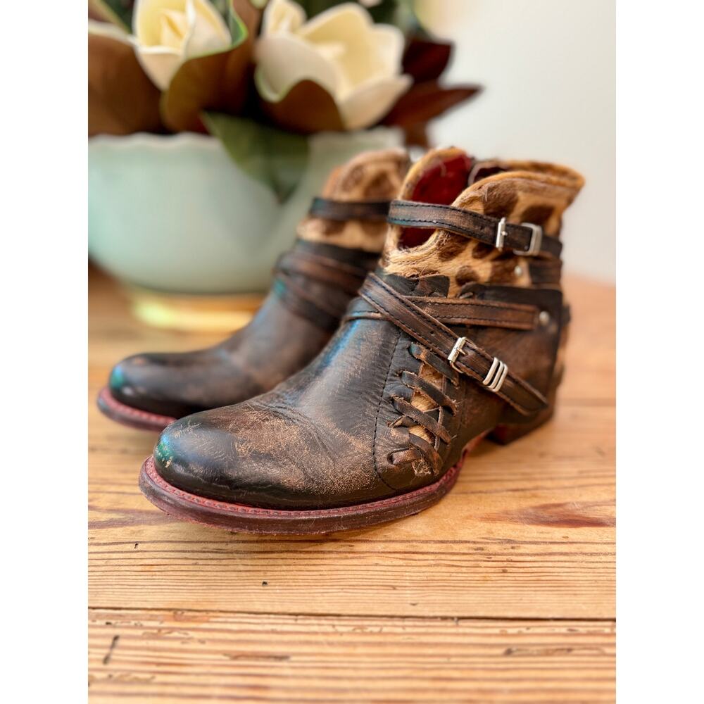 Firebird Belfast Haircalf Leather Moto Ankle Boots Distressed Buckle Size 8